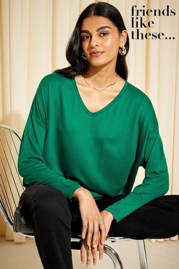 BB & CC cream Forest Green Soft Jersey V Neck Long Sleeve Tunic Top (Q28757) | £22