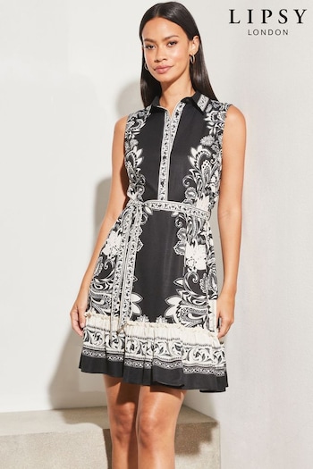 Lipsy Black/White Sleeveless Tiered Belted Holiday Shop Shirt Dress (Q28759) | £45