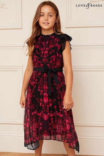 Shoes & Accessories Pink Floral Printed Hanky Hem Pleated Dress (Q28764) | £40 - £48