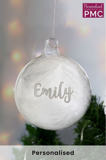 Personalised Silver Glitter Name Only Feather Glass Bauble by PMC (Q29066) | £10