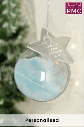Personalised Free Text Blue Feather Glass Bauble With Star Tag by PMC (Q29067) | £10