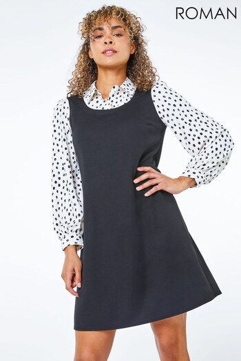 Roman Black Petite Spotted 2-In-1 Pinafore Dress (Q29087) | £40