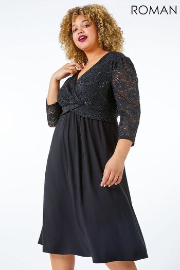 Roman Black Sequin Lace Contrast Wrap Dress (Q29258) | £50