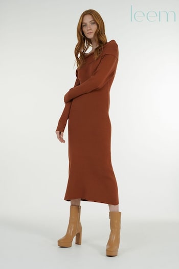 leem Red Off-Shoulder Knitted Midi ruch Dress (Q29413) | £110
