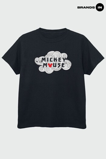 Brands In Black Mickey Mouse Swirl Logo Black T-Shirt (Q29697) | £17