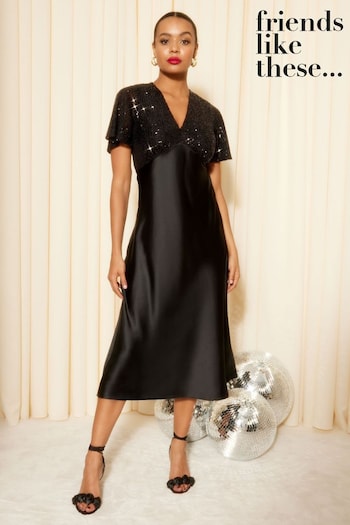 Friends Like These Black Sequin Satin V Neck Flutter Sleeve Midi Dress (Q29708) | £55