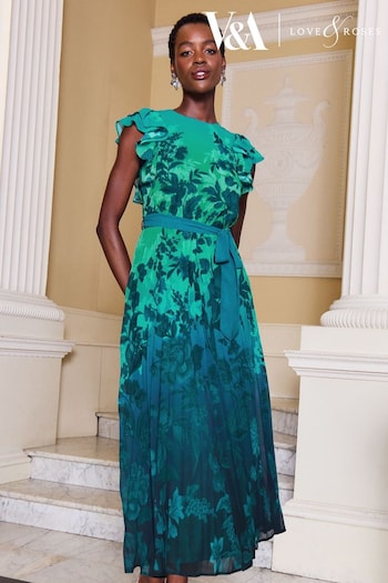V&A | Party Ready Make Up Blue Ombre Flutter Cap Sleeve Belted Pleated Maxi Dress (Q29735) | £74