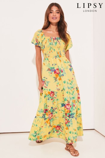 Lipsy Yellow Poplin Square Neck Short Sleeve Shirred Maxi Dress (Q29994) | £45