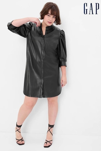 Gap Black Faux-Leather Puff Sleeve Round Neck Mini Shirt Dress (Q30245) | £50