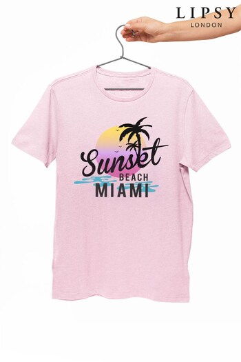 Lipsy Surf Pink Sunset Beach Miami Logo Women's Surf Style T-Shirt (Q30575) | £26