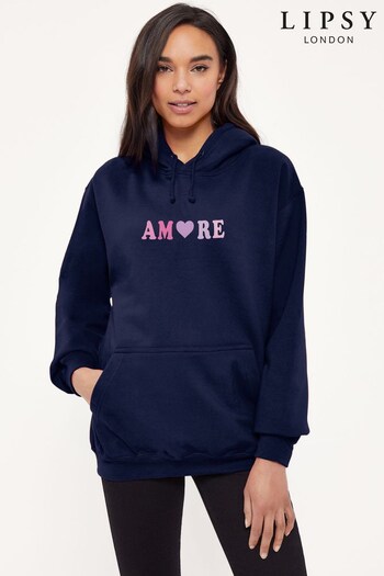 Lipsy Navy Blue Amore French Slogan Women's Hooded Sweatshirt (Q30588) | £28