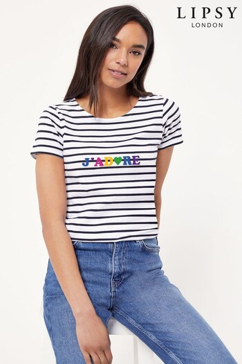 Lipsy White Navy J'Adore French Slogan Bleu's Striped T-Shirt (Q30590) | £28