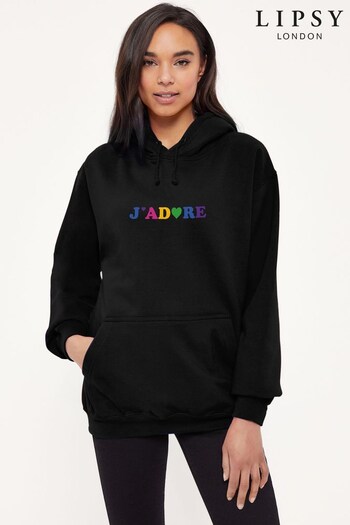 Lipsy Black J'Adore French Slogan Women's Hooded Sweatshirt (Q30592) | £28