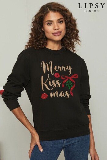 Lipsy Black Merry Kiss Mas Christmas Sweatshirt - Women's (Q30595) | £27