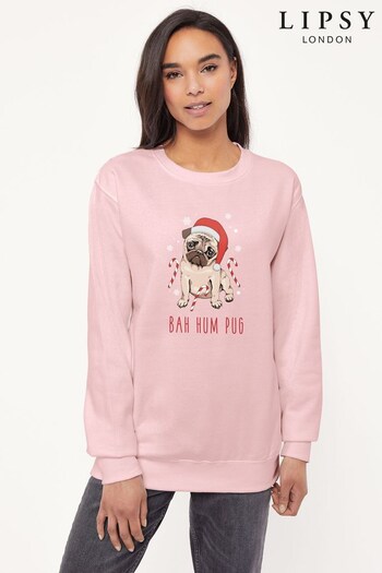 Lipsy Light Pink Lipsy Pug Christmas Women's Sweatshirt (Q30603) | £27