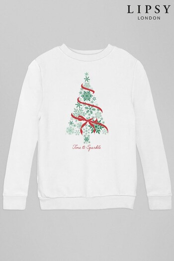 Lipsy White Green Christmas Tree Ribbon Kids Sweatshirt (Q30748) | £23