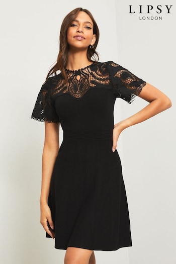 Lipsy Black Petite Lace Short Sleeve Knitted Fit And Flare Dress (Q30813) | £26