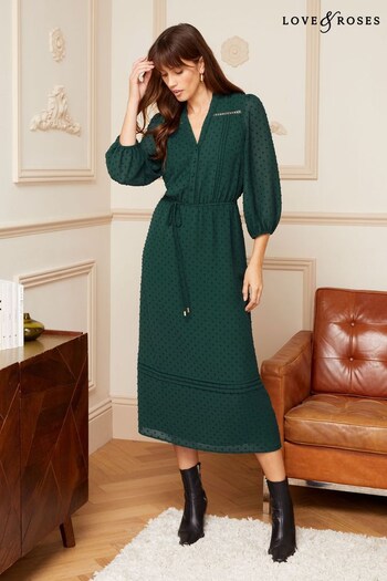 DECORATIONS & HOME Forest Green 3/4 Sleeve Dobby Lace Trim Midi Dress (Q30943) | £56