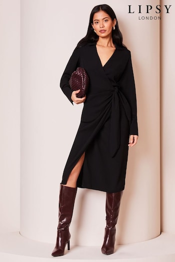 Lipsy Black Long Sleeve Hardware Cuff Wrap Shirt Dress (Q30948) | £58