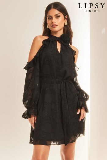 Lipsy Black Cold Shoulder Corsage Mini Dress (Q30949) | £64