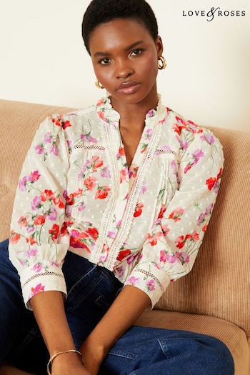 Character Disenchantment T-shirt Floral Dobby Spot Lace Trim 3/4 Sleeve Button Through Blouse (Q30951) | £38