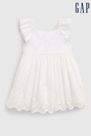 Gap White Broderie Flutter Sleeve Round Neck Dress - Baby (Q31122) | £25