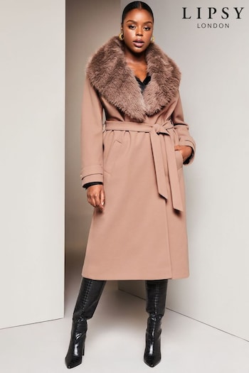 Lipsy Camel Curve Faux Fur Collar Belted Wrap Coat (Q31175) | £98