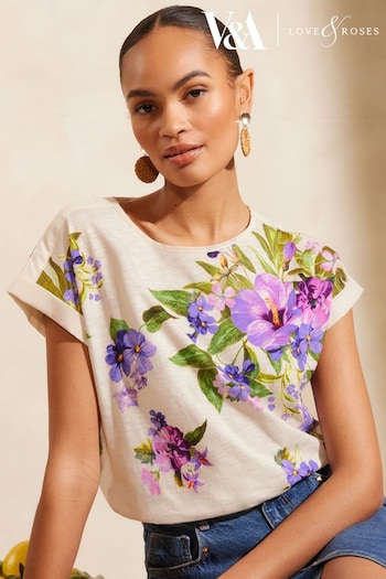 V&A | Love & Roses Ivory White Floral Round Neck Jersey T-Shirt (Q31190) | £26