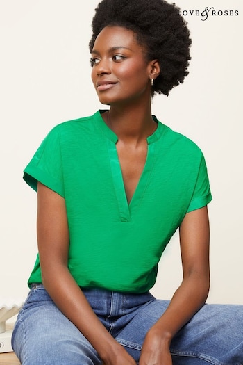 Beauty & Grooming Bright Green Jersey V Neck Woven Trim Shorts Sleeve T-Shirt (Q31210) | £22