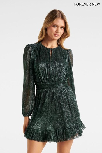 Forever New Forest Green Goldie Long Sleeve Plisse Mini Dress (Q31318) | £100