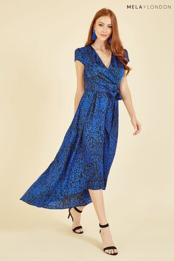 Mela Blue Printed Dip Hem Midi Wrap Dress (Q31505) | £50