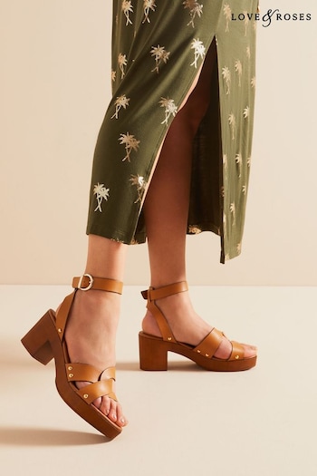 Love & Roses Brown Wooden Clog Mid Heeled Sandals (Q31519) | £46