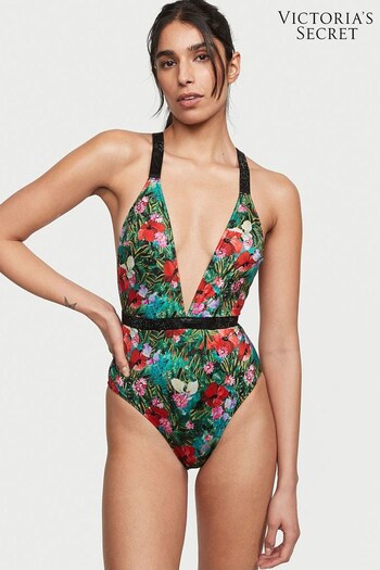 Victoria's Secret Tropical Floral Black Shine Strap Plunge One Piece Swimsuit (Q31791) | £96