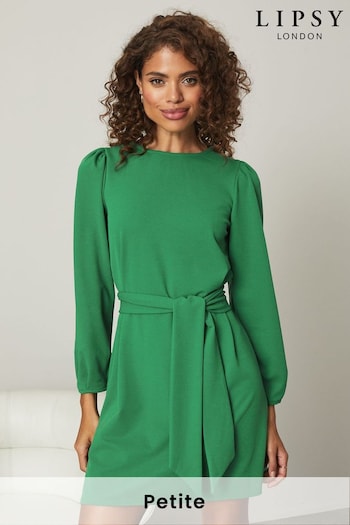 Lipsy Green Petite Long Sleeve Round Neck Tie Waist Shift Dress (Q32040) | £34
