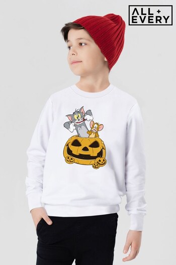All + Every White Tom and Jerry Halloween Pumpkin Face Kids Sweatshirt (Q32064) | £23