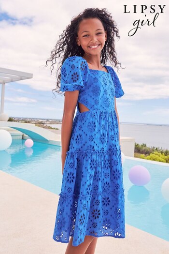 Lipsy Blue Broderie Puff Sleeve Square Neck Tiered Midi Dress (Q32080) | £32 - £40