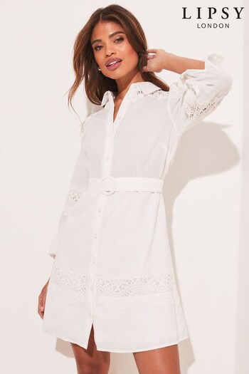 Lipsy White Long Sleeve Lace Insert Belted Shirt Dress (Q32082) | £56