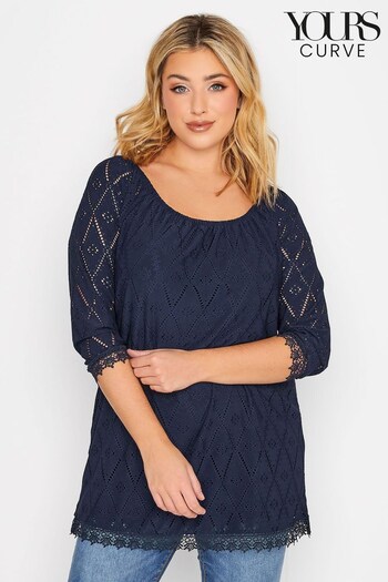 Yours Curve Blue 3/4 Sleeve Pointelle Top (Q32126) | £25