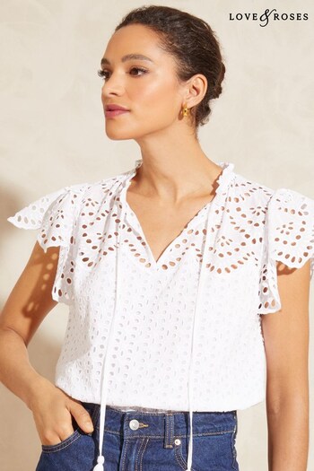 Love & Roses Ivory White Tie Neck Broderie Ruffle Short Sleeve Shell Top (Q32201) | £32