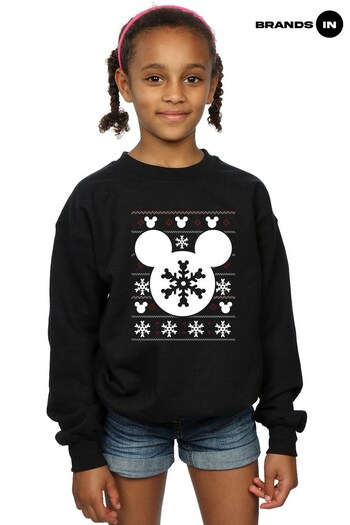 Brands In Black Mickey Mouse Christmas Silhouette Snowflake Girls Black Sweatshirt (Q32236) | £25