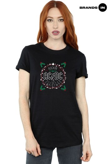 Brands In Black ACDC Christmas Circle Women Black Boyfriend Fit T-Shirt (Q32248) | £24