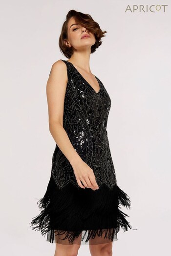 Apricot Black Placement Sequin Bead Tassel Dress (Q32556) | £55