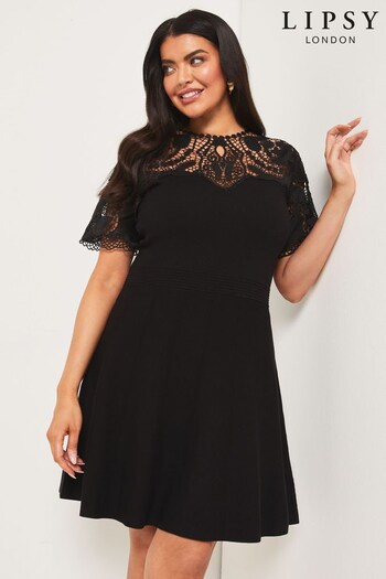 Lipsy Black Curve Lace Short Sleeve Knitted Fit And Flare Dress (Q32624) | £58