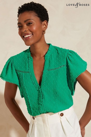 A-Z Womens Sports Brands Green Dobby Spot Ruffle V Neck Flutter Sleeve Blouse (Q32629) | £34