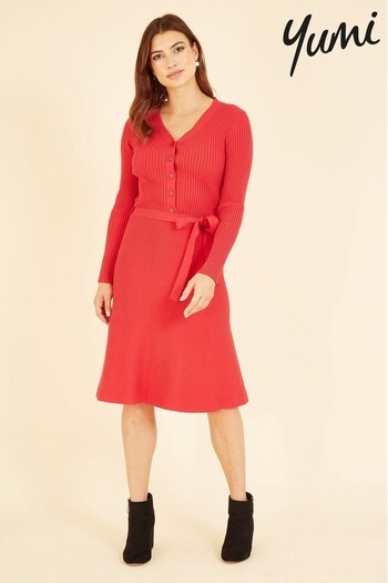 Yumi Red Knitted Tie Up Skater Dress (Q32736) | £60