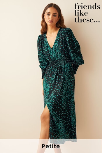 Seasonal Top Picks Green Black Print Petite V Neck Shirred Waist Long Puff Sleeve Midi Dress (Q32779) | £39