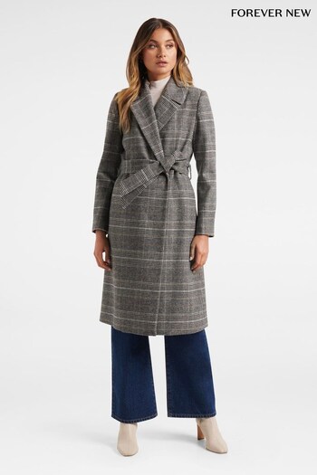 Forever New Brown & Grey Lexi Belted Check Coat (Q32835) | £130