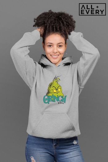 All + Every Heather Grey All + Every Christmas Heather Grey The Grinch Head Sparkle Text Women's Hooded Sweatshirt (Q32907) | £40