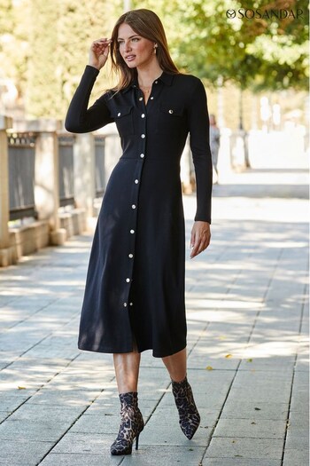 Sosandar Black Button Through Shirt Dress (Q32980) | £75