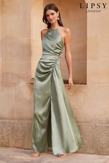 Lipsy Green Petite Ciara Satin Split Halter Bridesmaid Dress (Q33137) | £81
